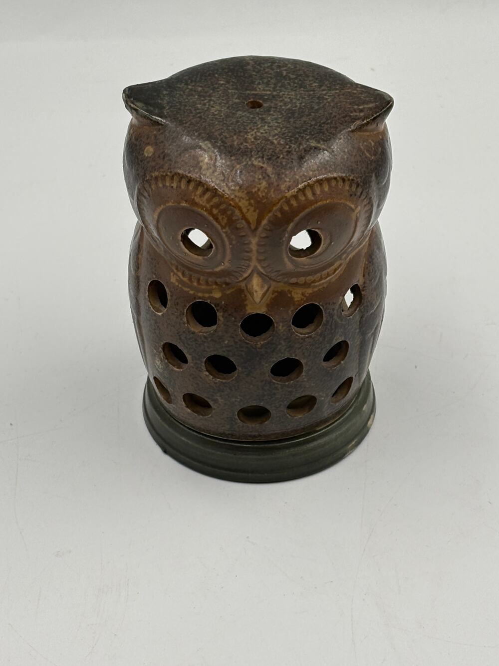 Vintage Ceramic Owl Tealight Candle Holder Lantern Brown Pottery 5.5" 2-Sided